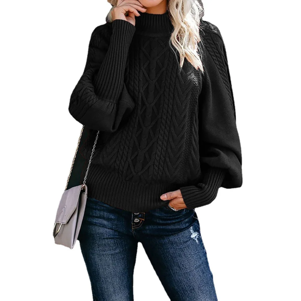 

2023 Winter New Mid Neck Sweater Women's Leisure Shopping Loose Sleeve Knitted Solid Color Sweater