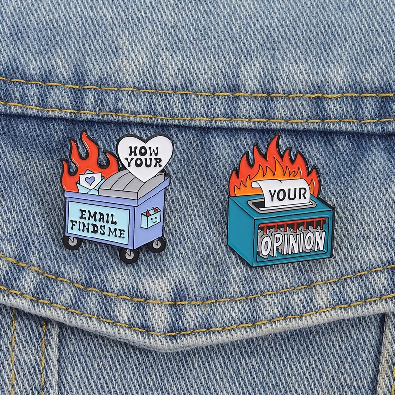 Feuer Ihre Meinung Emaille Pins Feuer Mülleimer Wie Ihre E-Mail Sie mich finden Brosche Anstecknadeln Cartoon Schmuck Geschenk für Kinder Freunde