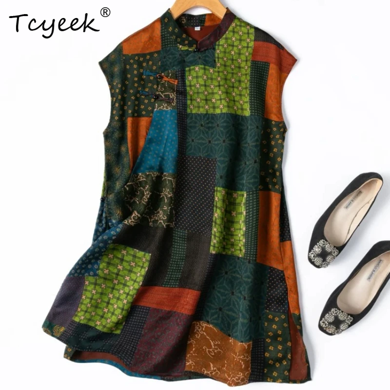 

Tcyeek 100% Real Silk Women Tank Top 2026 Spring Summer New Chinese-style Stand Collar Button-up Top Woman Clothes Tops De Mujer