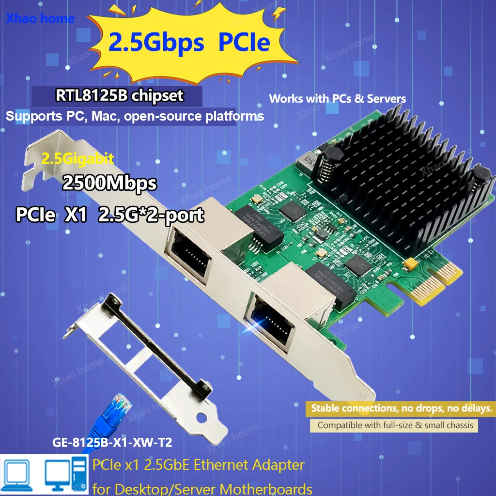

PCI-E X1 RJ45 Настольный адаптер 2,5G Двухпортовый Gigabit Ethernet Lan 10/100/1000/2500 Мбит/с Сетевая интерфейсная карта для чипов RTL8125B