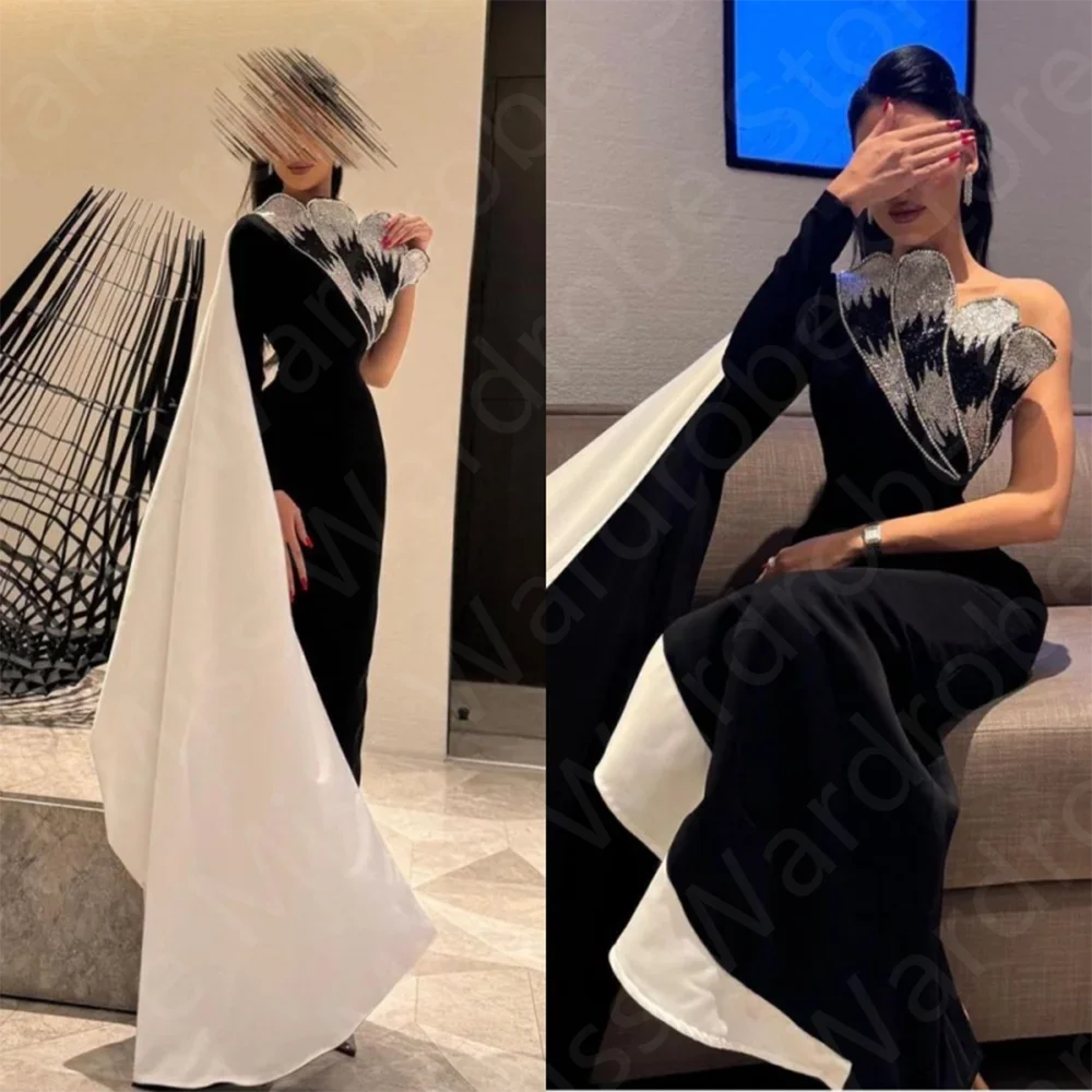 

Customized Classic 2025 Evening Dresses Arabic Contrast Color Prom Party Gowns One Shoulder Sleeves Wedding Guest Dress Sequined