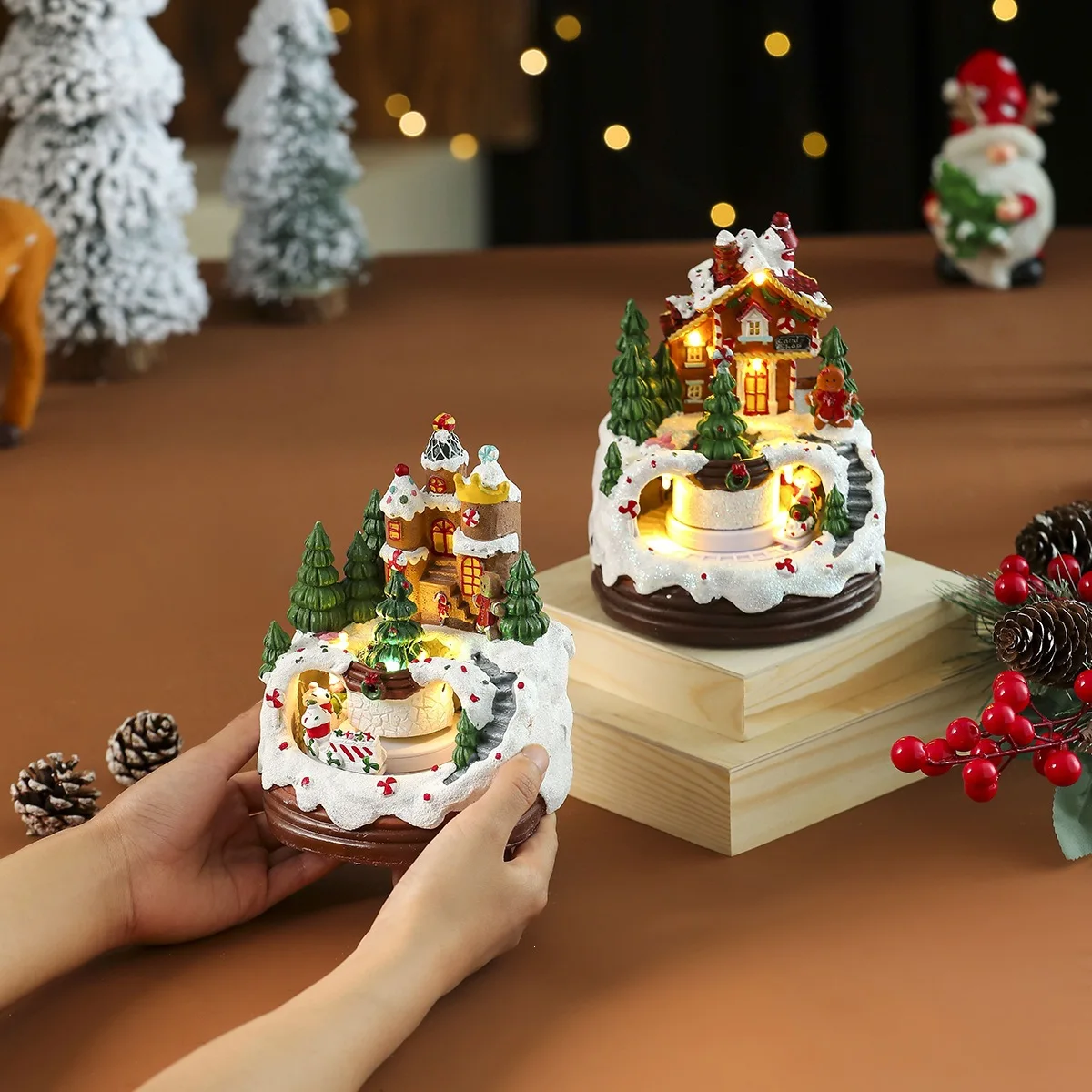 NEW Creative Forest Rotating Train Music Resin Ornament Home Atmosphere Decoration Ornament Christmas Gift