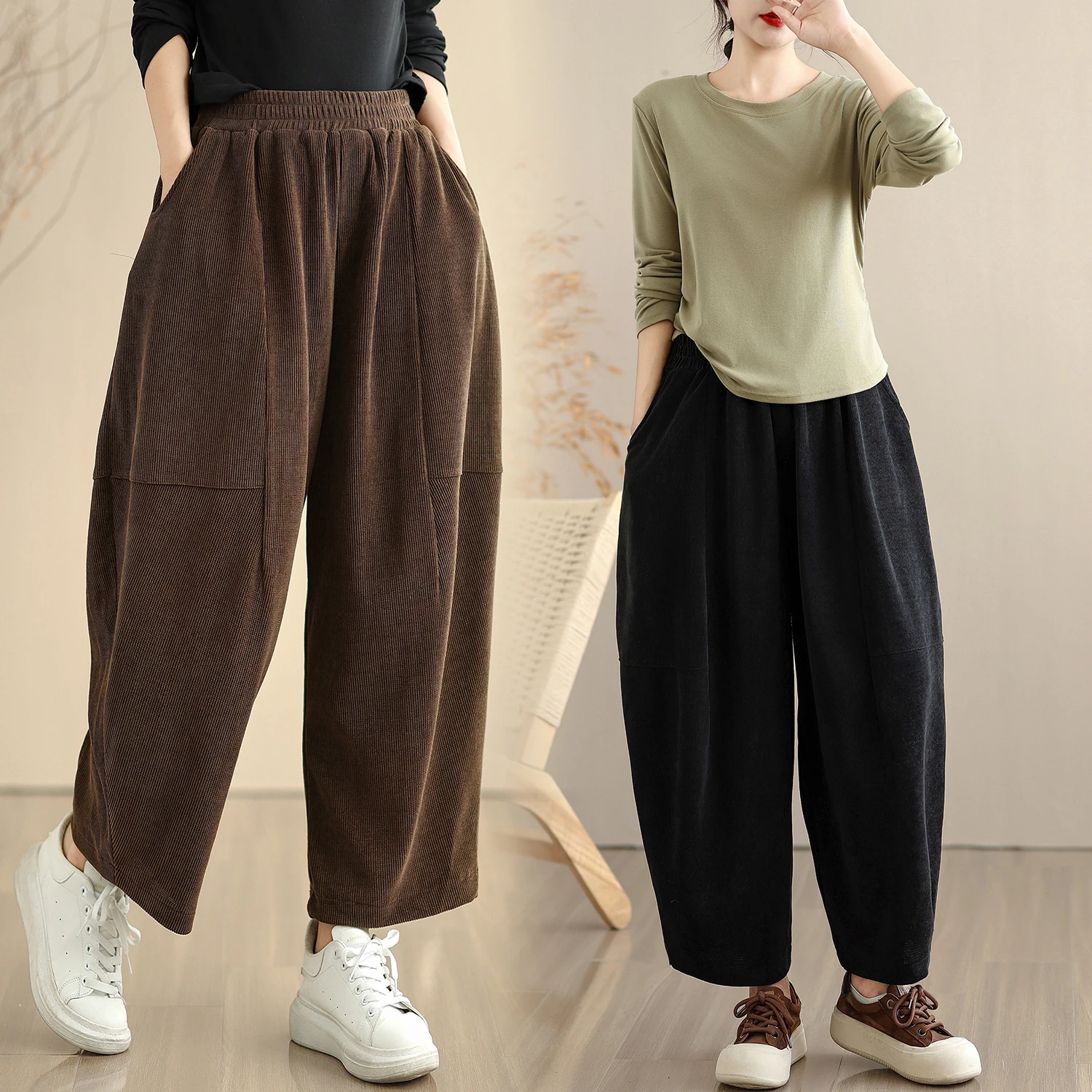 

Повседневные свободные брюки-шаровары с эластичной резинкой на талии в стиле пэчворк, однотонные брюки-шаровары длиной 9 длин, простые универсальные возрастные женские брюки