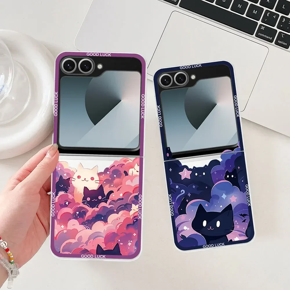 Sternenhimmel Black Cats Klare Handyhülle für Samsung Galaxy Z Flip 6 Z Flip 5 Transparente Abdeckung für Samsung Z Flip7 4 3 Fundas Shell