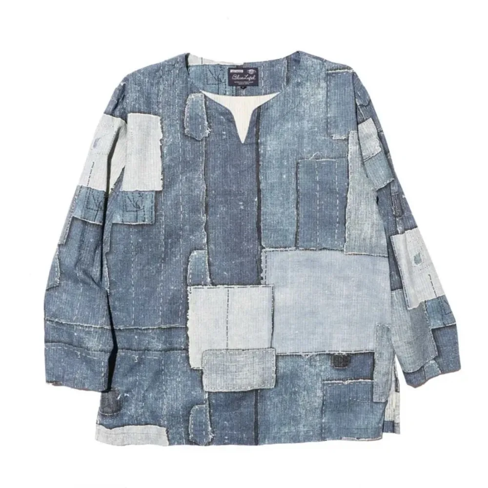 

Japanese Retro JELADO Men's Printed Denim Patchwork Collarless Loose Pullover Long Sleeved Shirt