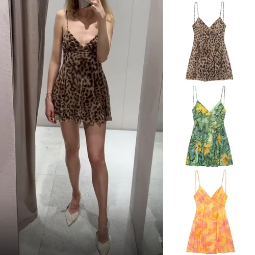 ETJ 2025 novedad de verano colección estilo de vacaciones para mujer estampado malla de seda sexy cuello en V vestido corto halter vestido de chica caliente