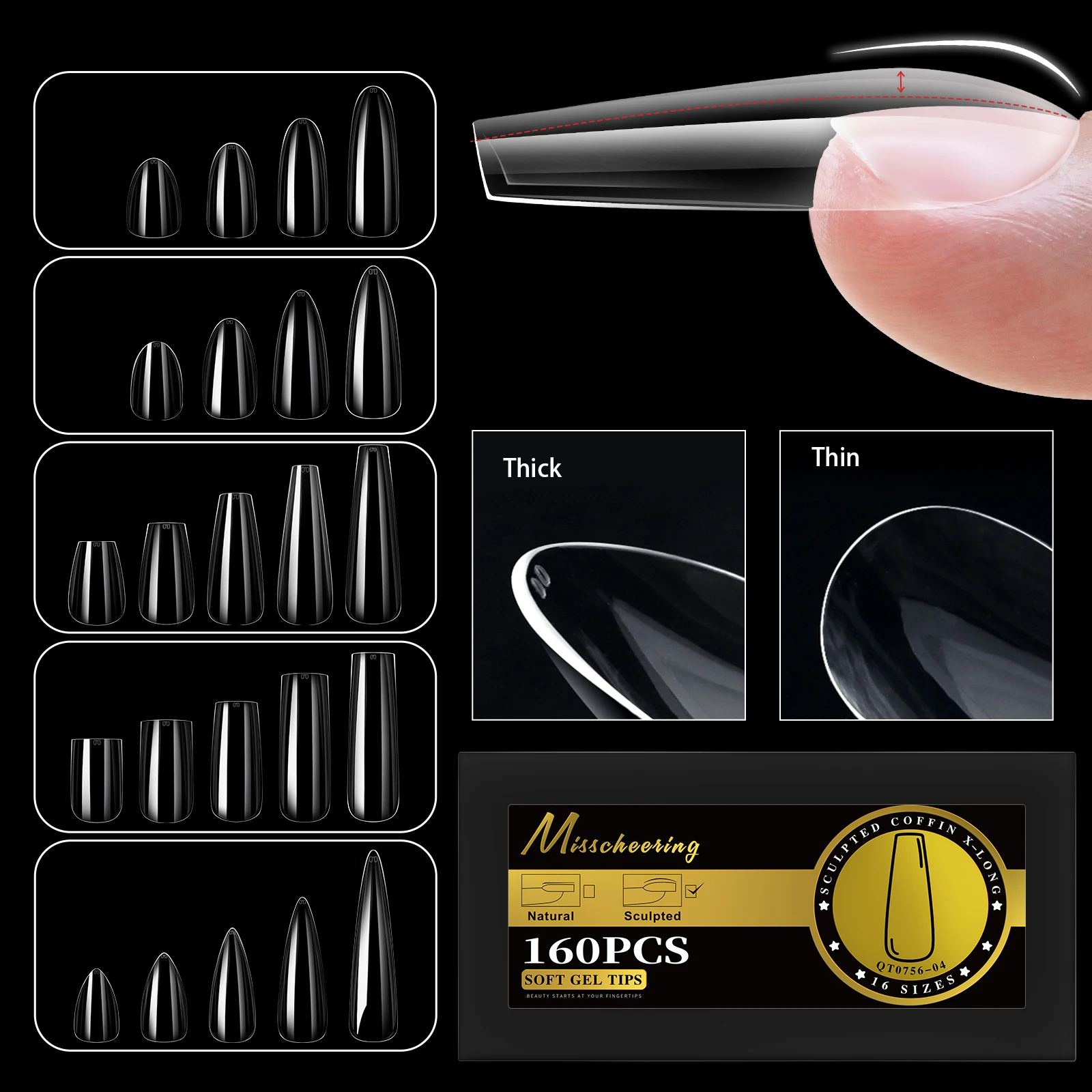 

S-2XL Glossy False Nail Tips Sculpted Soft Gel Almond Coffin Stiletto Full Cover Press On Nails Artificial DIY Extension Supplie