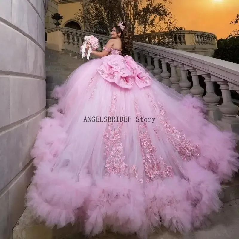 ANGELSBRIDEP Pink Quinceanera Dresses Ball Gown Applique Lace Beads Tull Tiered Sweet 16 Dress Vestidos De 15 Anos Customized