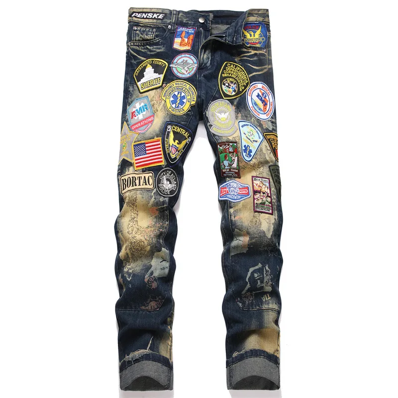 

Men's Fashion High Street Patched Jeans Pants Streetwear Slim Fit Stretchy Denim Trousers With Multi Patches Ripped Jeans