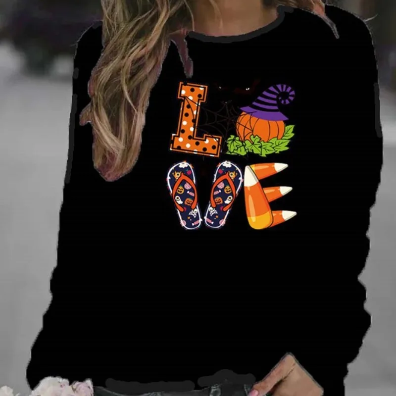 2023 Spring and Autumn Women's Pullover Round Neck Printed Halloween Solid Sweater Sweatshirt Fashion Long Sleeve Loose Tops