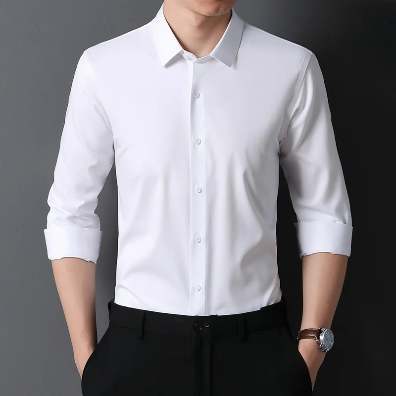 Bamboo Fiber Anti-Wrinkle Mens Shirts Long Sleeve Dress Shirts For Slim Fit Camisa Social Business Blouse White Shirt Blue S-8XL