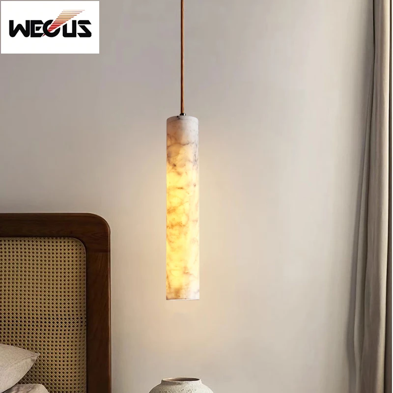 WECUS Nueva lámpara colgante de lujo de tubo recto de mármol crema para comedor, bar y dormitorio, mesita de noche, iluminación ambiental artística de piedra de nube