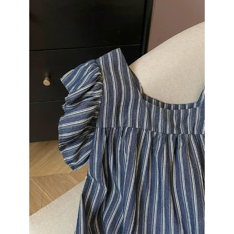French Style Sweet Niche Square Neck Short-sleeved T-shirt Women's Striped Women's 2024 Summer New Striped Cute Top