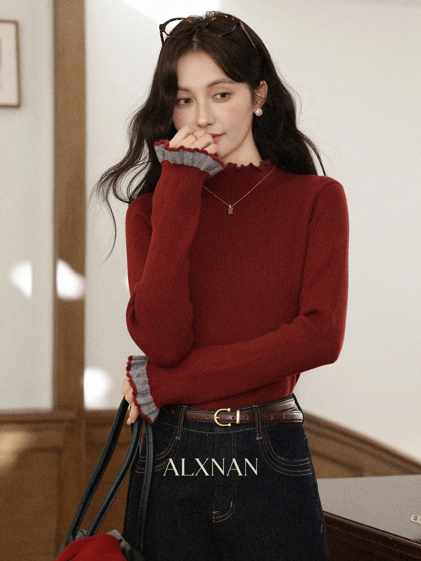 

Red Long Sleeve Knitted Sweater Women's Base Layer Top Slimming Vintage Style Autumn Winter New Arrival Wine Red Color Base S...