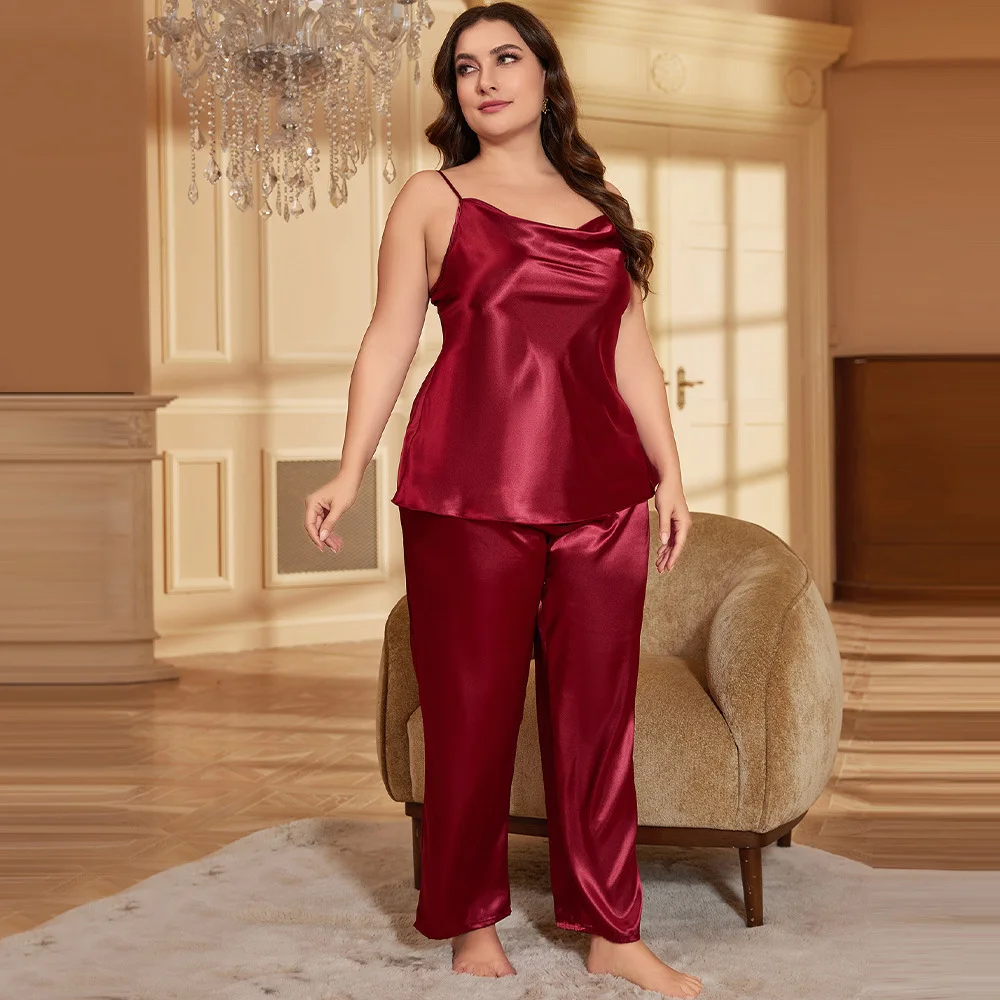 

XL-5XL Plus Size Women's Satin Pajamas 2 Piece Sleepwear Solid Cami and Long Pants Pj Set Loose Nightwear Bridal Loungewear