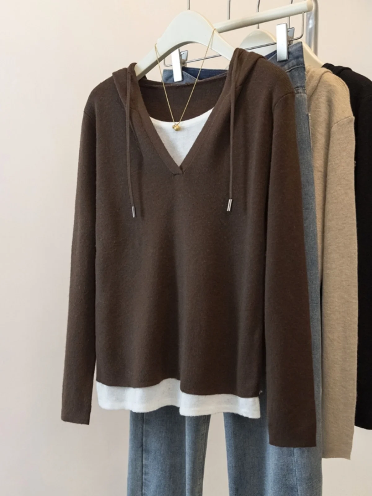 Slimming Effect Hooded Long Sleeve Knitted Base Shirt Women's Spring Autumn plus Size Fat MM V-neck Euro Style Shoulder Top