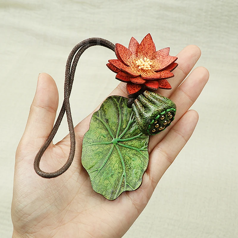 Vintage Leather Handicraft Green Lotus Leaf Lotus Lotus Pod Exquisite Cowhide Bag Pendant Adjustable Pendant Gift