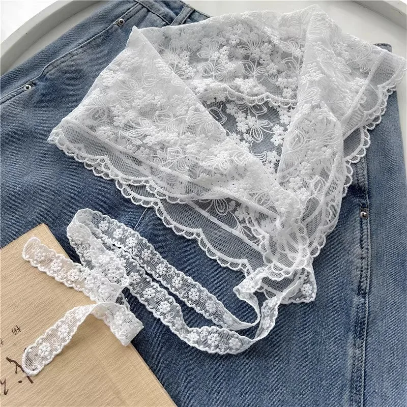 Sweet Sheer Floral Lace Wrap Apron Skirt Side Bow Tie Irregular Mini Over-skirt Denim Pants Headscarf Outfit Versatile Accessory view 4
