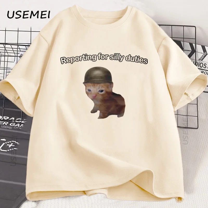 Reporting for Silly Duties Funny Cat Meme T-shirt Men Women Casual Short Sleeve Kitten Tee Silly Weird Tees Streetwear Clothing