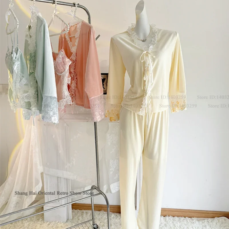 

New Velour 3Pcs Pajamas Set Patchwork Lace Cami Trouser Pijamas Suit Intimate Lingerie Autumn Winter Home Clothes Loungewear