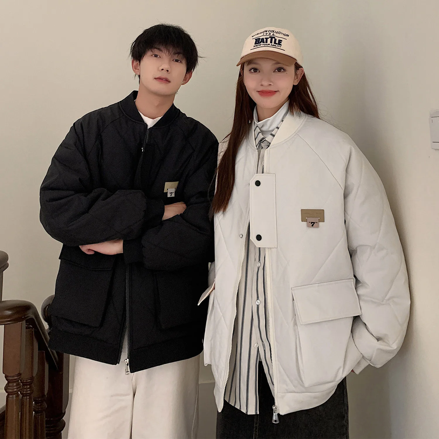 

Утепленная зимняя хлопковая куртка для пар, повседневная свободная мужская рабочая одежда, теплая куртка на молнии, молодежная модная цветная модель