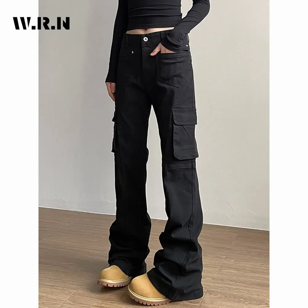 

Женские комбинезоны в повседневном стиле High Street, однотонные джинсы, джинсовые брюки, черные брюки-карго в американском стиле ретро 2000-х годов с карманами Y2k