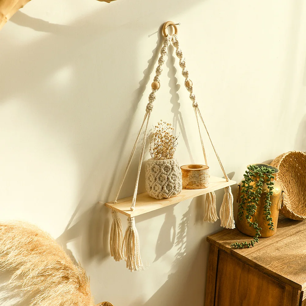 Wooden Wall Shelf Wood Beads Macrame Leaf Floating Shelves Nordic Decor Hanging Display Shelf Boho Home Decorations