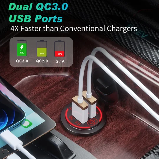 QC 3.0 Dual USB Rapid Car Charger Socket 12V-24V Waterproof with Touch Switch Charging Adapter Power Socket