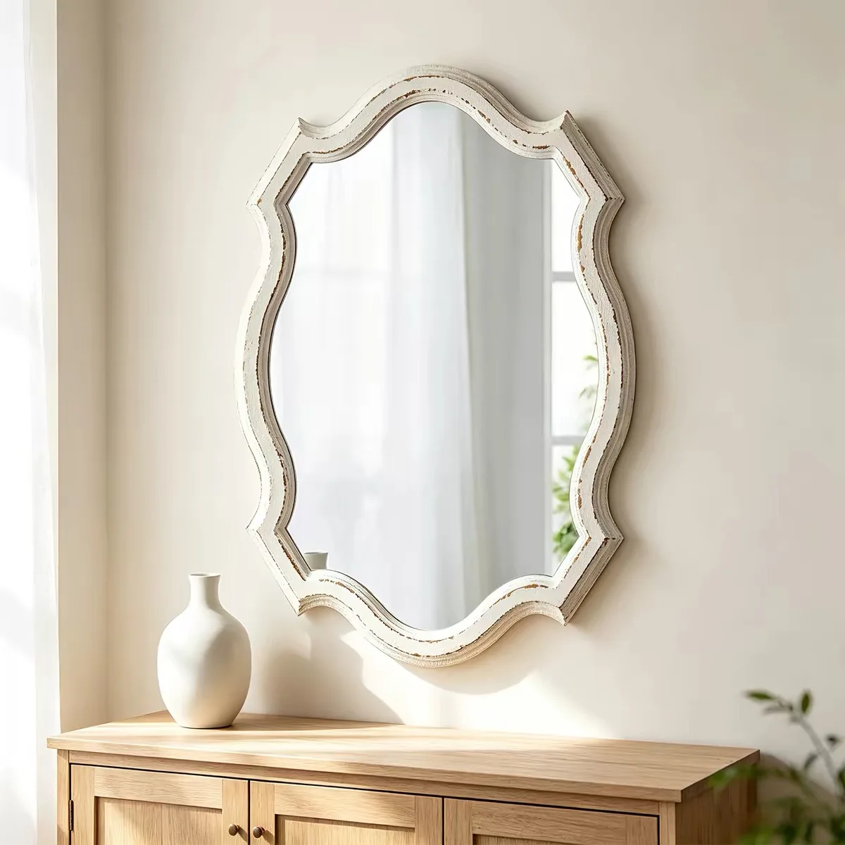 Vintage Distressed Wall Mirror Antique White MDF Frame Horizontal Vertical Hanging Mirror for Bedroom Entryway Living Room Decor
