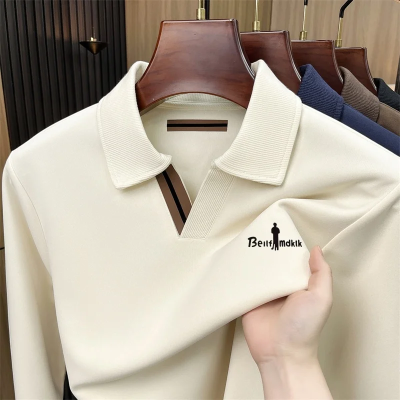 Fashionable Trendy Buttonless Men's Printed Polo Shirt Autumn Skin Friendly Long Sleeve Lapel T-Shirt Regular Fit Men's Clothing