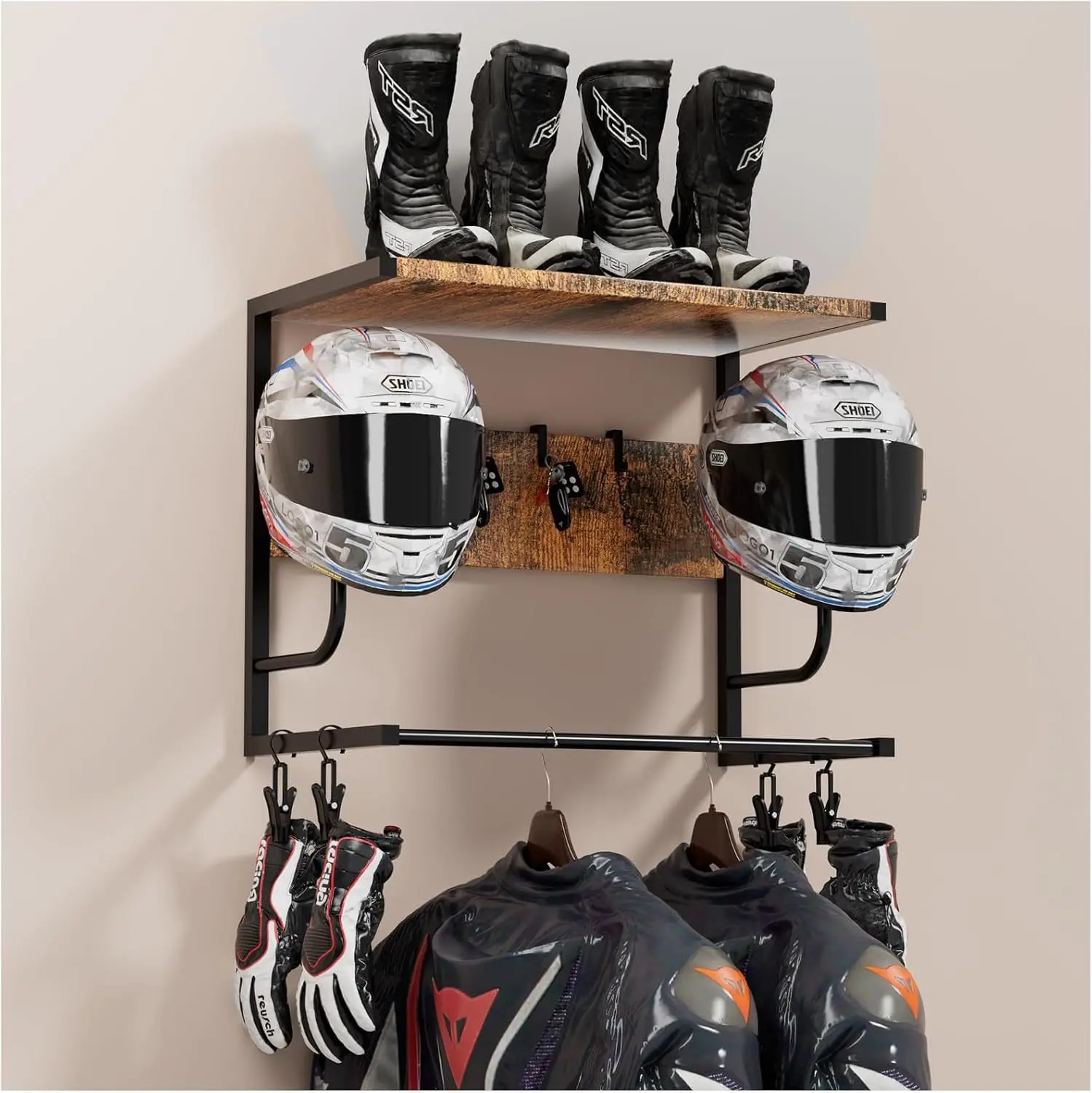 Support mural pour veste de moto et casque, organisateur d'équipement tactique et crochets, cadre métallique, rangement pour équipement de moto et de plein air