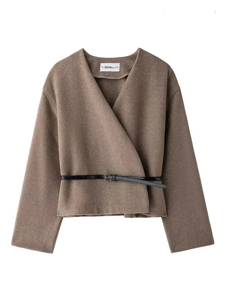 

женская мода 2024 осень и зима новый Европа и США ретро элегантный высокая улица с поясом V-образным вырезом сплошной цвет с длинными рукавами теплый пиджак свободный досуг коммутирующих дамы куртка