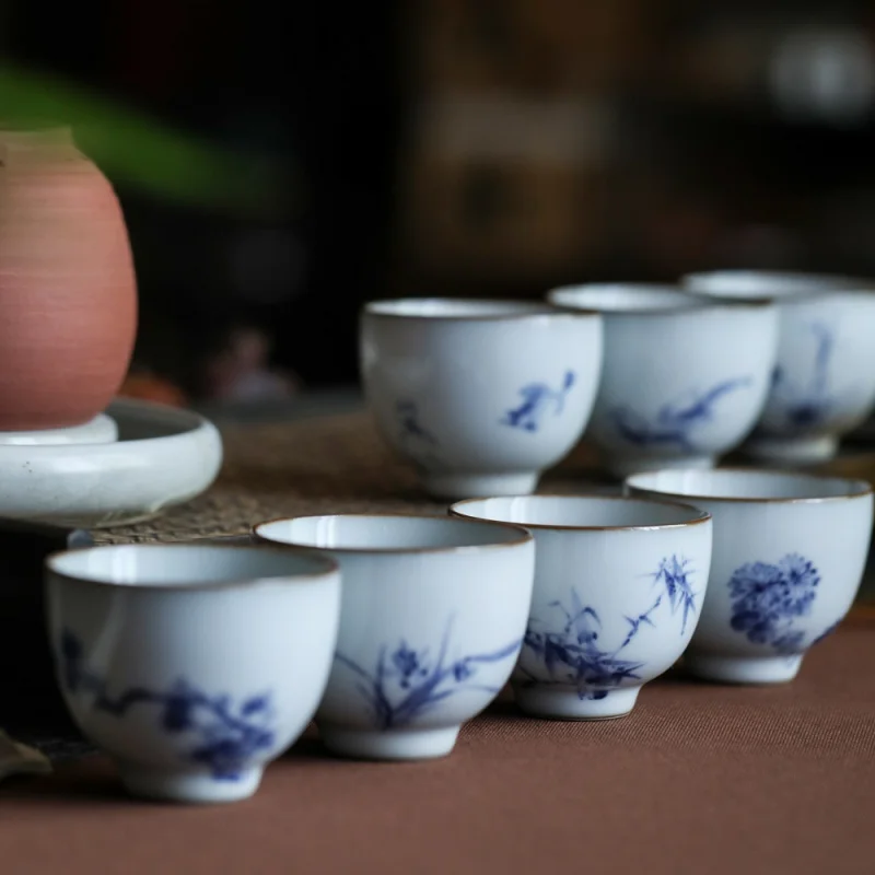 Jingdezhen Hand-Painted Official Ru Kiln Underglaze Blue and White Flowers and Birds Kung Fu Tea Savoring Tea Set Ceramic Antiqu