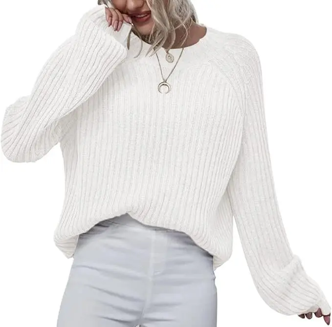 Autumn and Winter Women’s New Fashion Sweater Round Neck Solid Color Casual Pullover Raglan Sleeves Loose Warm Thread Knitted