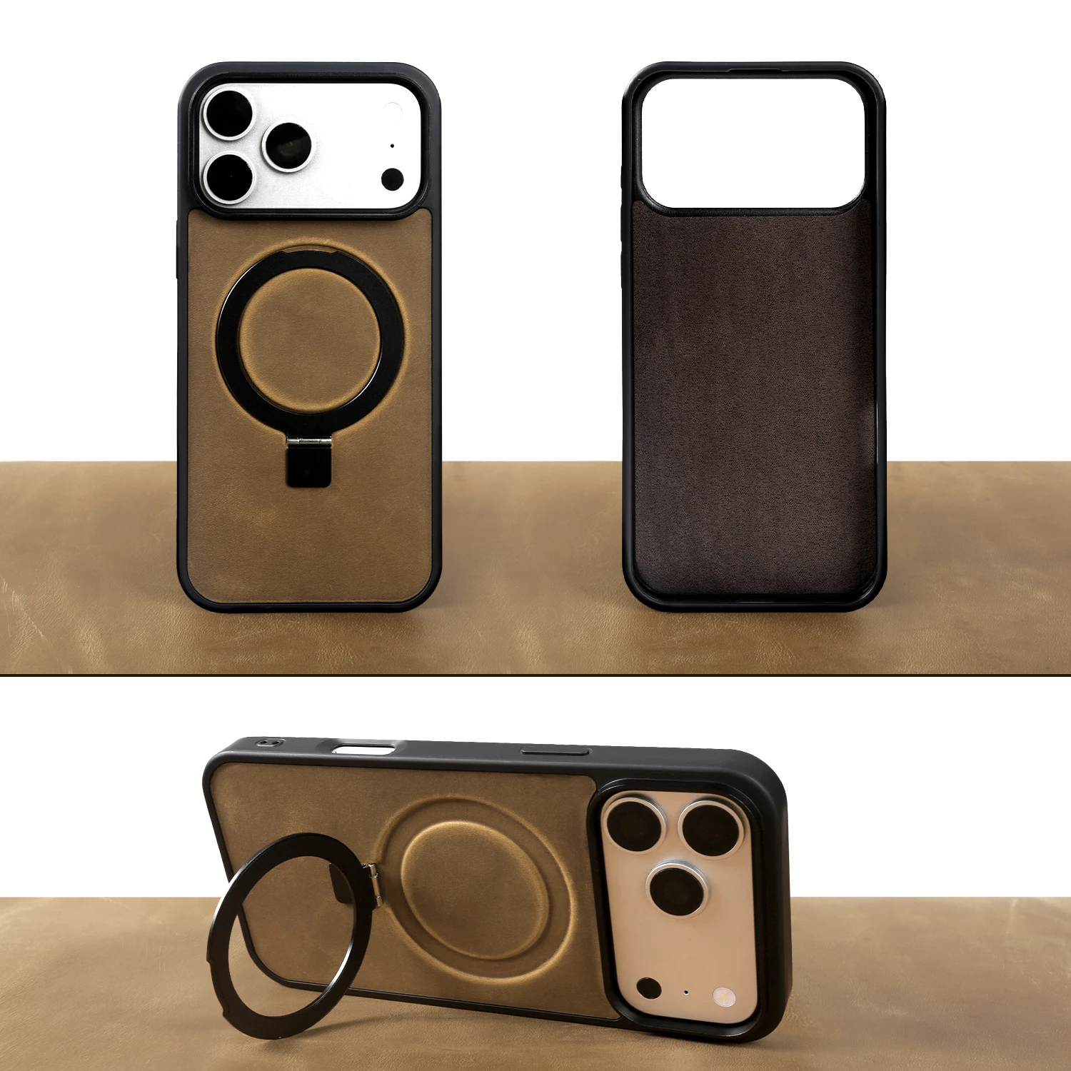 Metal Ring Stand Magnetic Genuine Leather Case for IPhone 17 Pro Max 15 14 13 12 11 16ProMax 15Pro Air For Magsafe Holder Cover