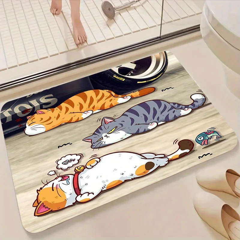 Cute Cartoon Cats Flannel Bath Mat Non-slip Absorbent Bathroom Rug Soft Floor Carpet for Shower Room Home Decor