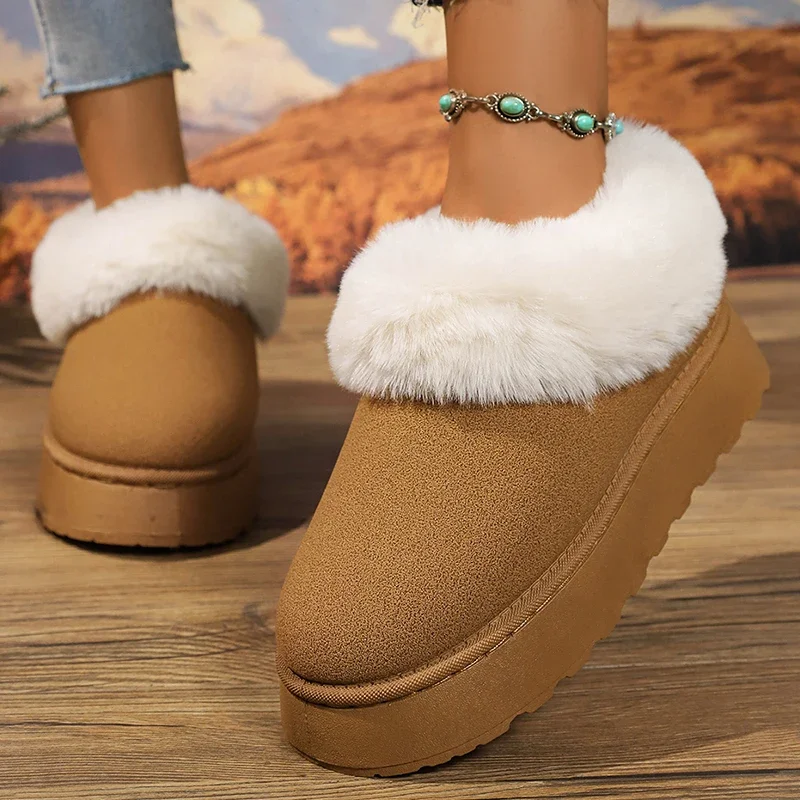

2025 зимние пушистые плюшевые зимние ботинки, женские модные ботильоны на платформе из искусственного меха, женские удобные нескользящие теплые туфли с хлопковой подкладкой