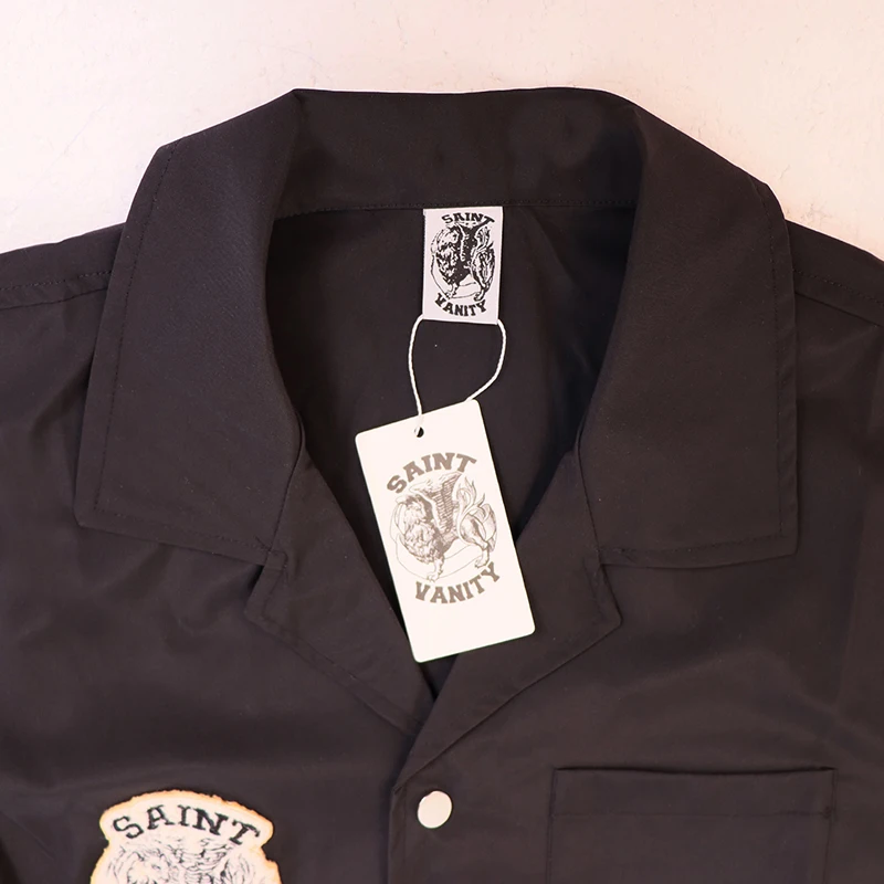 2026SS SAINT Unisex Streetwear Camp Collar Shirt Black Badge Patch Decor Metal Snap Buttons Casual Short Sleeve Top