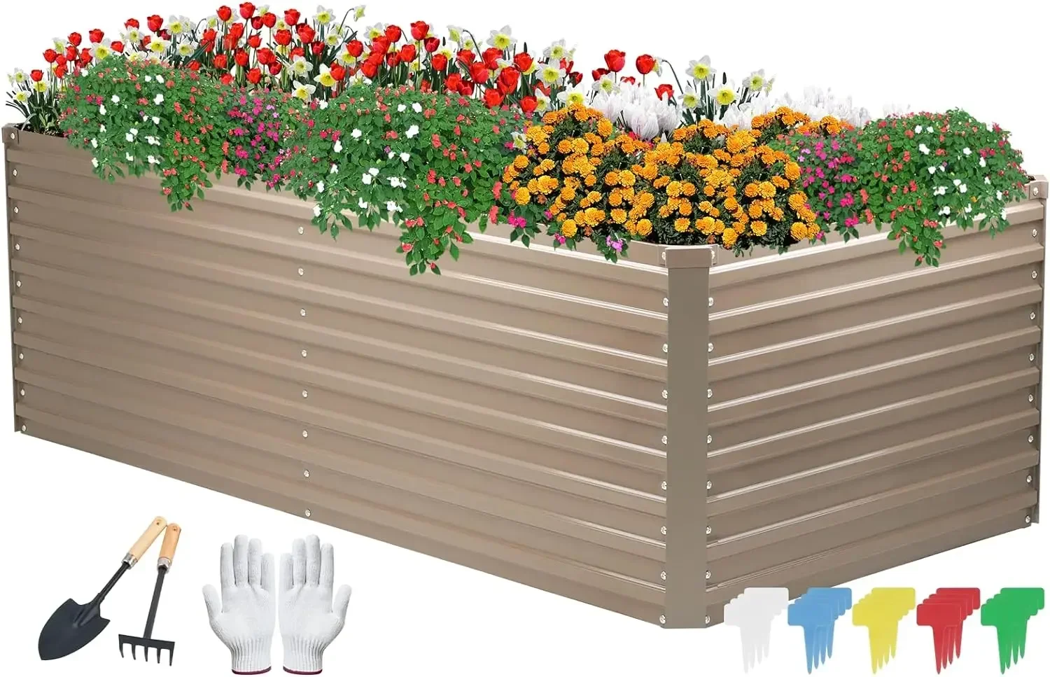

6×3×2FT Raised Garden Bed for Vegetables Flowers Herbs, Tall Metal Raised Garden Bed Kit W/ Garden Tools, Gloves, Brown
