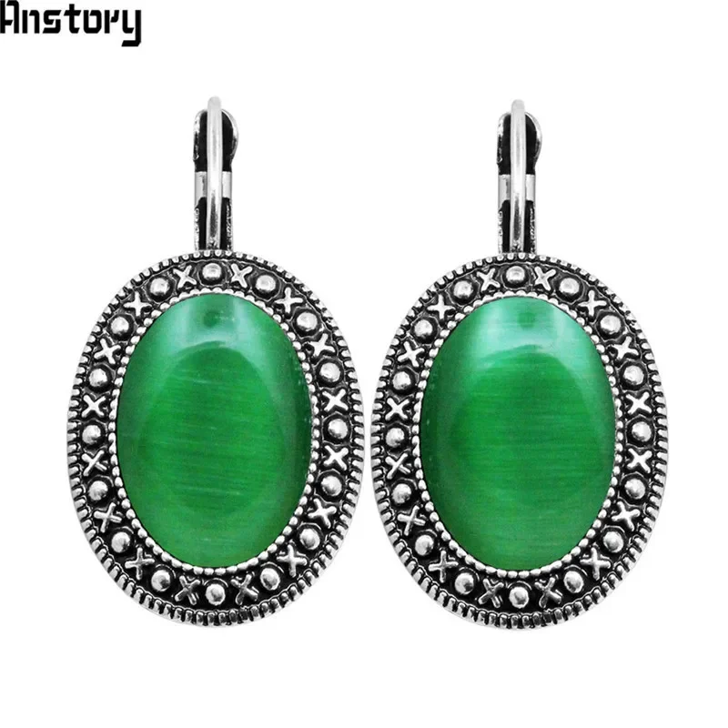 3 Colors Oval Opal Earrings Vintage Pendant Earrings For Women Antique Silver Plated Stone Fashion Jewelry