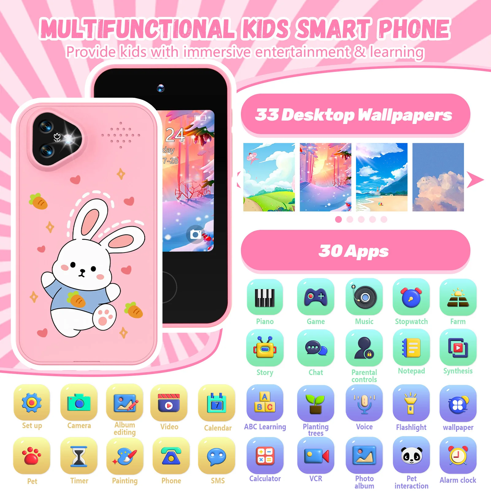 هاتف ذكي للأطفال، كاميرا مزدوجة، شاشة لمس 2.8 بوصة، شاشة IPS 720P، بطارية، شحن USB-C، مناسبة للأطفال 4+
