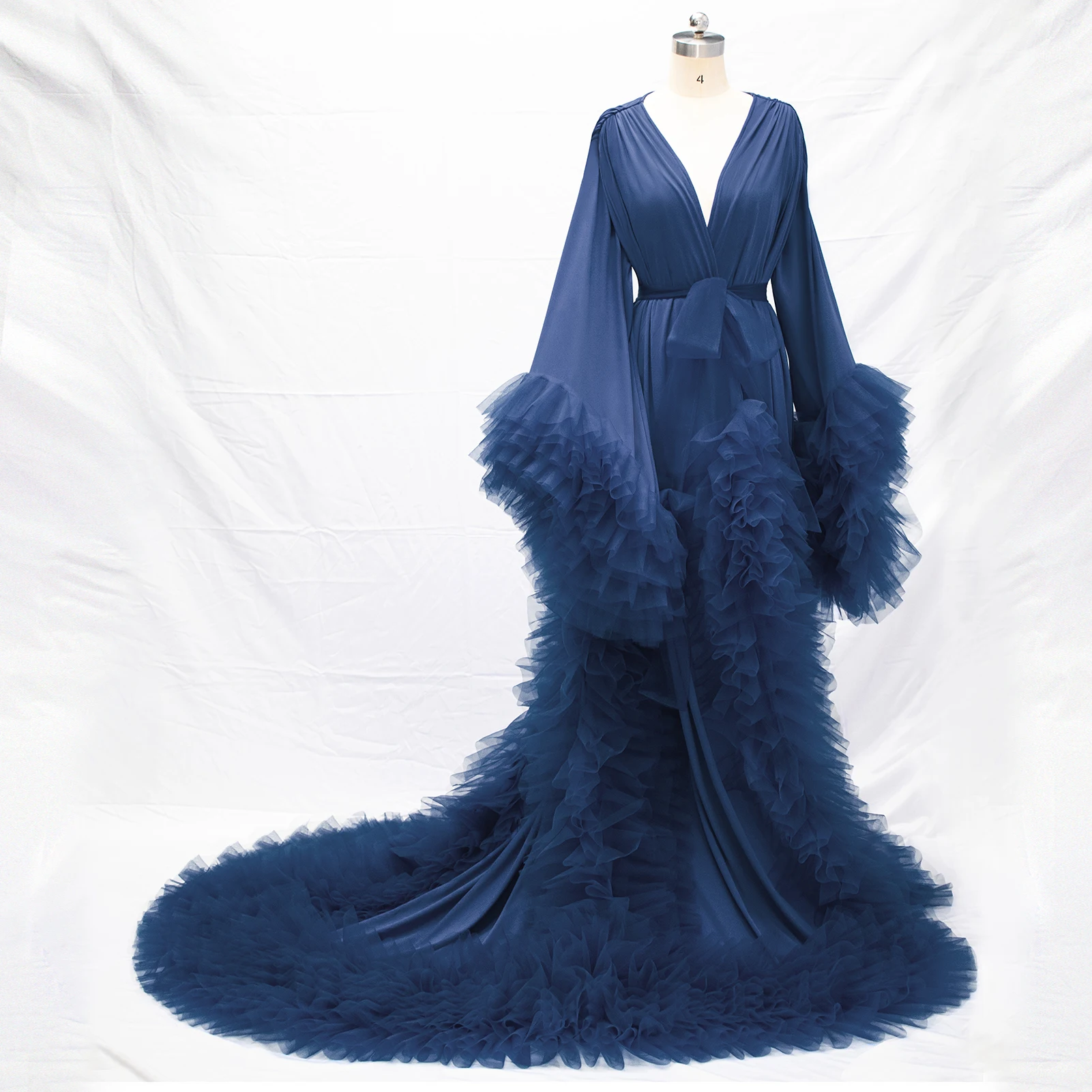 Spandex Photography Evening Dresses Navy Blue Elastic Ruffle Prom Gowns Party Tiered Pregnant Women's Robes Customized R10177