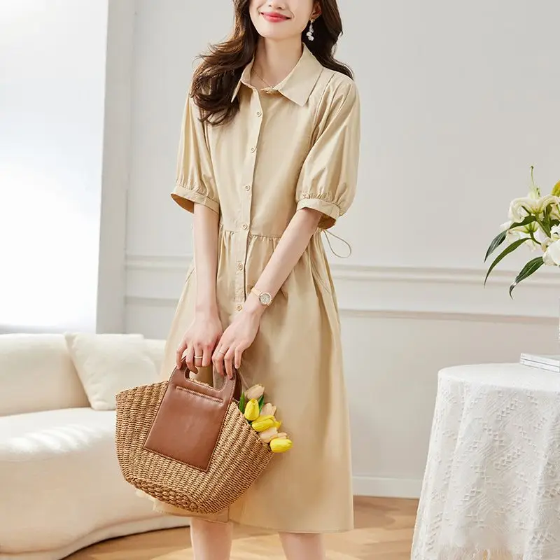 

Новинка: женское хлопковое трикотажное платье-рубашка из Ханчжоу с коротким рукавом, регулируемой талией, базовое, летнее