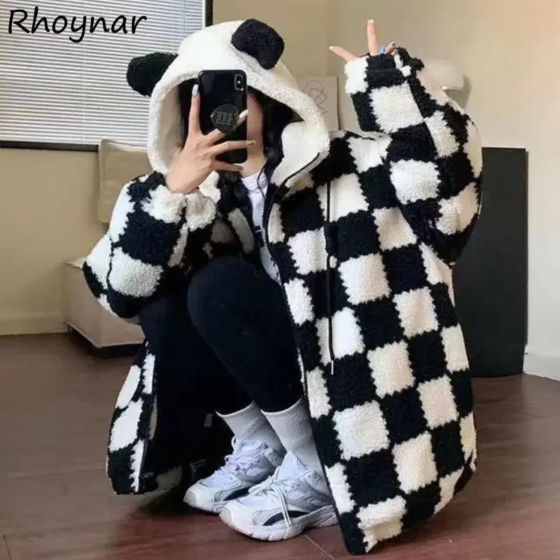 

Hooded Jackets Women Winter Coats Kawaii Clothes Panelled Plaid Girlish Spliced Sweet Students Teens High Street Chaqueta Casual