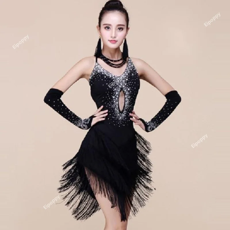 

Latin Dance Fringe Dress Woman Tassel Sexy Rhinestone Ballroom Tango Salsa Tango Dance Costume Red Black Performance Stage Wear