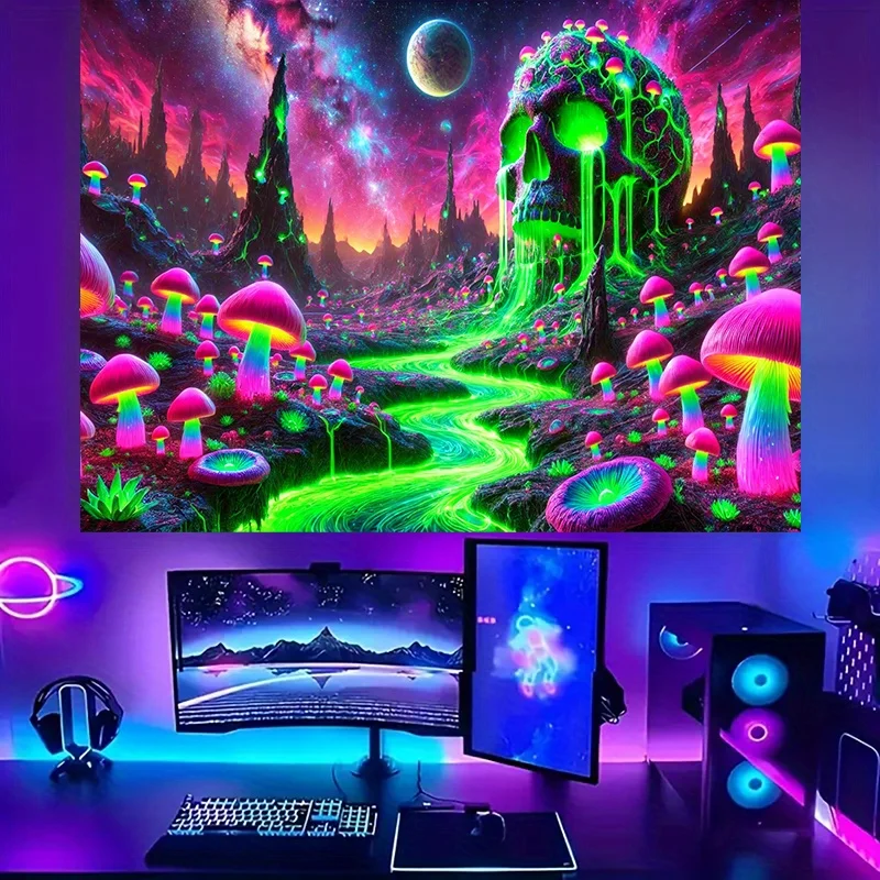 VIKAMA Fantasy Alien Tapestry: Green Skull Nebula Mountain Peak Mural for Living Room Sofa Backdrop Wall