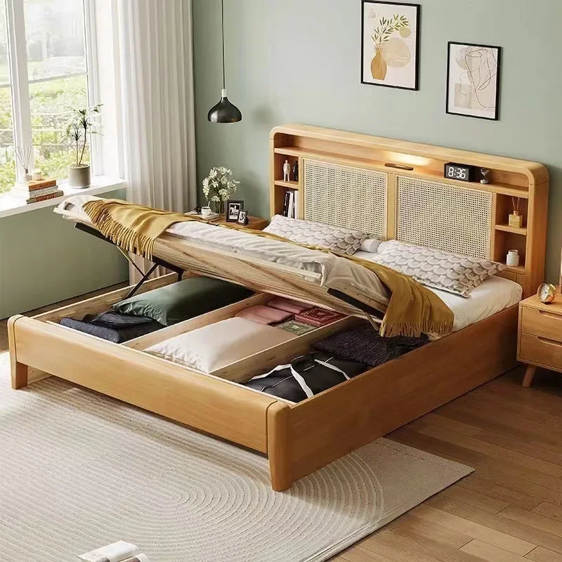 Solid wood rattan bed log storage double bed home master bedroom bed