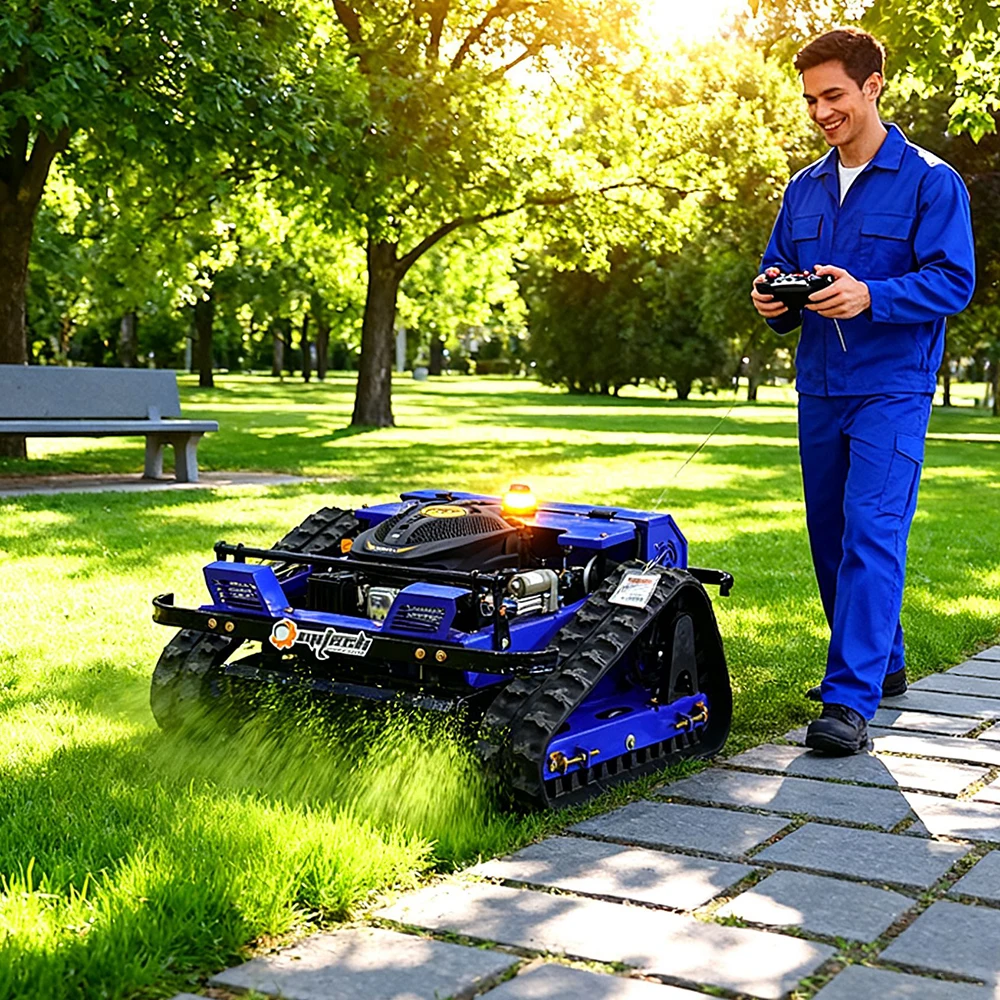 Customize remote-controlled, labor-saving lawnmower with all-terrain rubber tracks, CE/EPA certified.