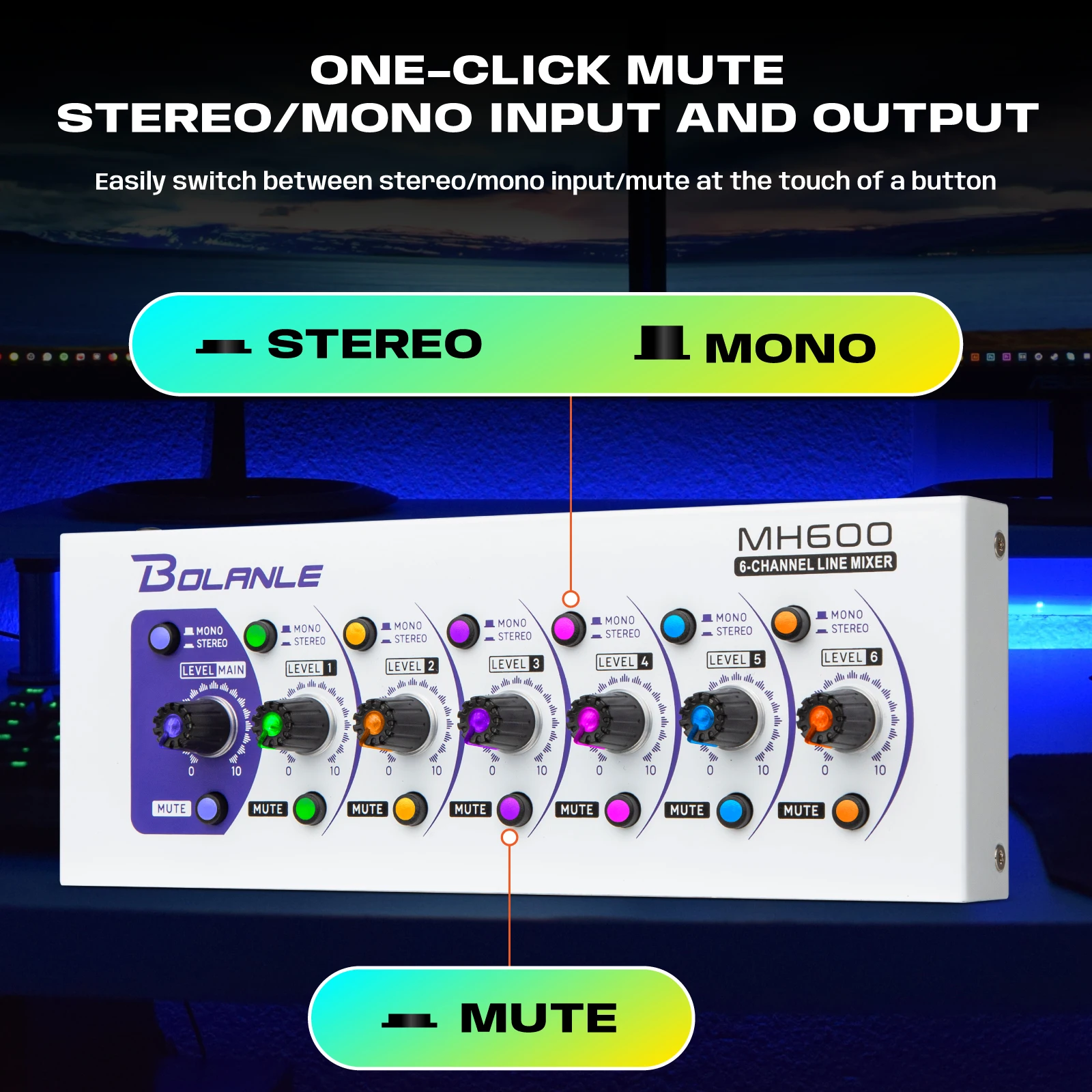 Bolanle MH600 Ultra Low-Noise 6-Channel Line Mixer Equipped with stereo mono switching and mute function RGB lighting effect - Image 2