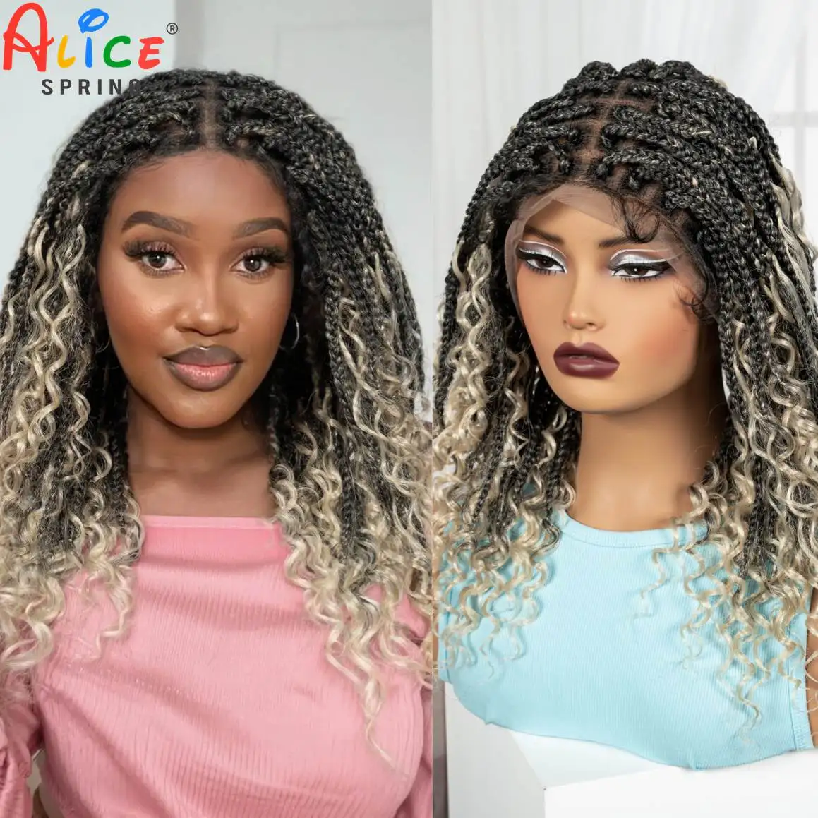 Knotless Box Braided Wigs with Curly Ends Synthetic Full Lace Blonde Ombre Braids Wig Short Boho Bob Braided Wig for Black Women
